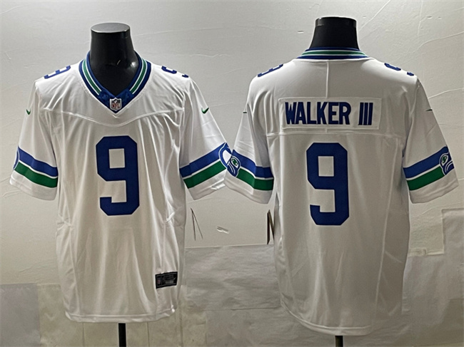 Men's Seattle Seahawks #9 Kenneth Walker III White F.U.S.E Throwback Vapor Limited Stitched Football Jersey Men's Seattle Seahawks #9 Kenneth Walker III White F.U.S.E Throwback Vapor Limited Stitched Football Jersey